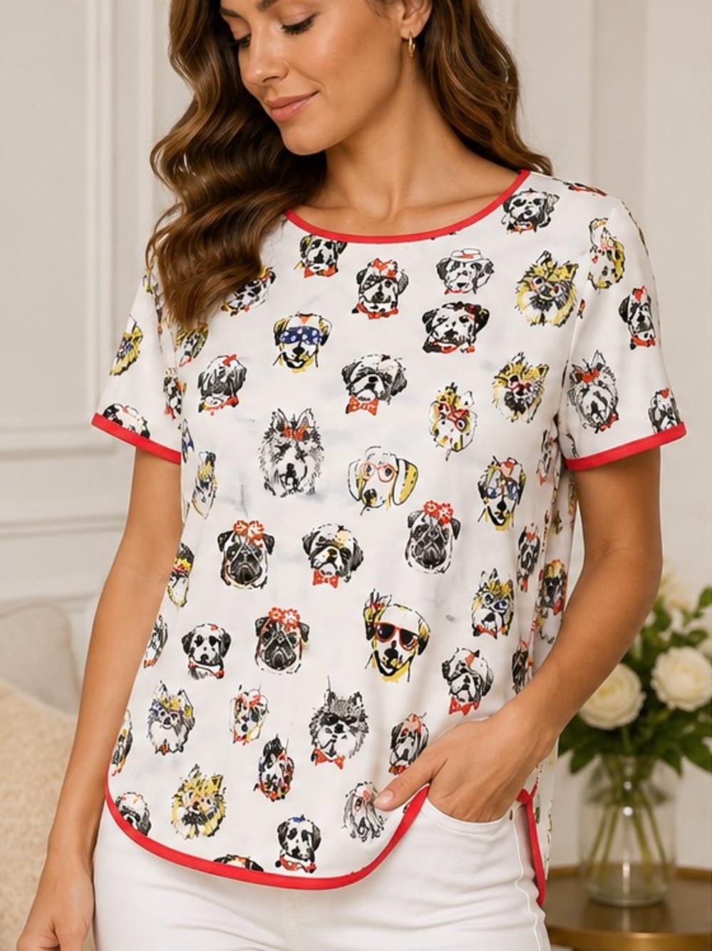 Sleep Sense Summer Dogs Print Sleep Lounge Tee White Red Trim Size L
